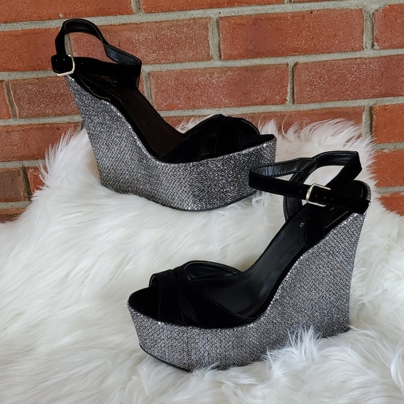 Qupid Shoes - Buy 1 Get 1 Half Off Black Rhinestone Wedges